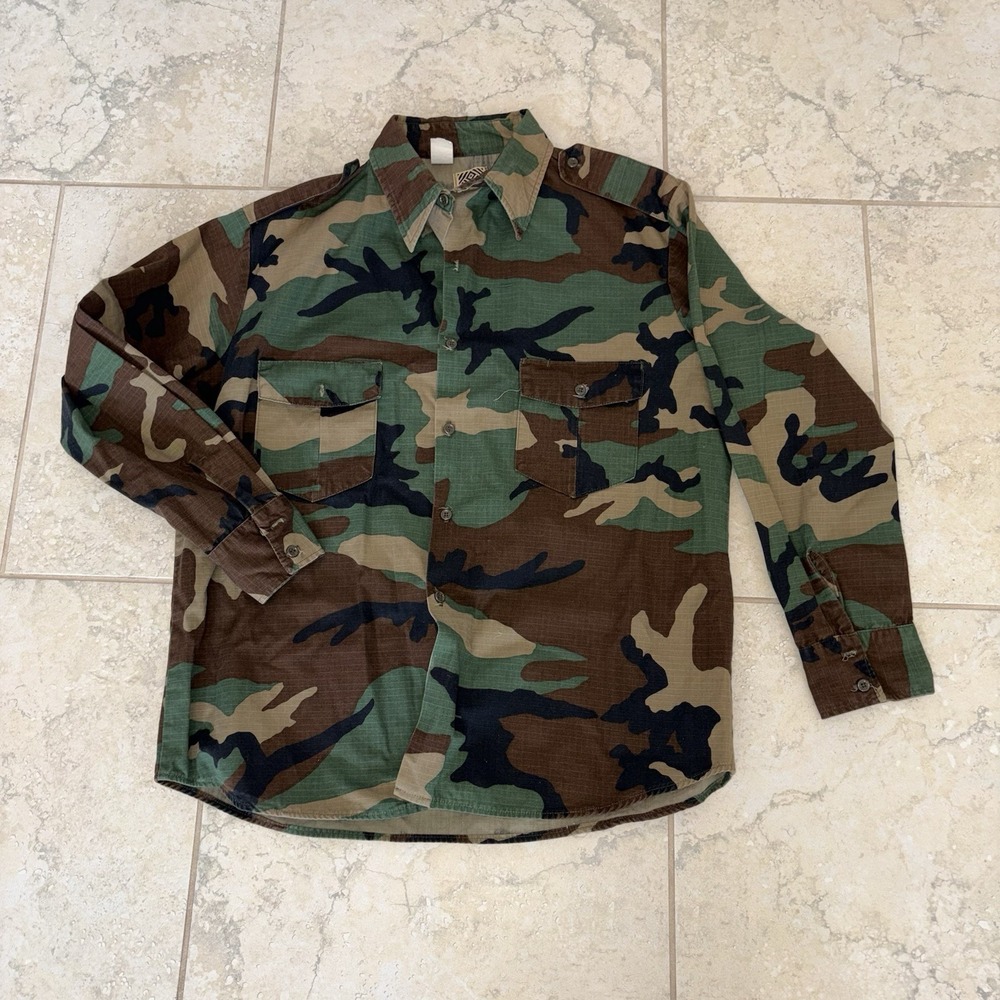 VTG Gung Ho Army Woodland Camo Long Sleeve 2 Pockets Button Shirt Medium Large